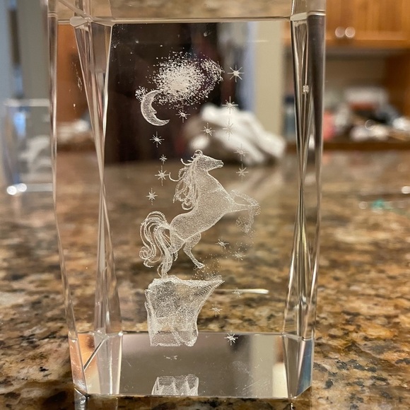 3D Etched Horse Moon & Stars Glass Holographic Paperweight 3” x 2” - Picture 2 of 3